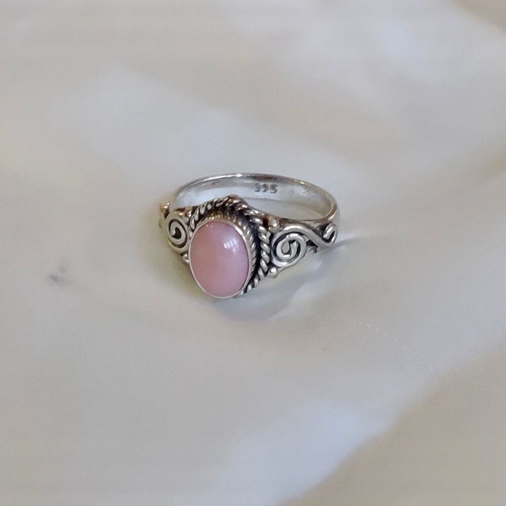 Western Pink Opal Oval Solitaire Swirl Accent Dainty Silver Ring Size 6 New - Picture 4 of 6